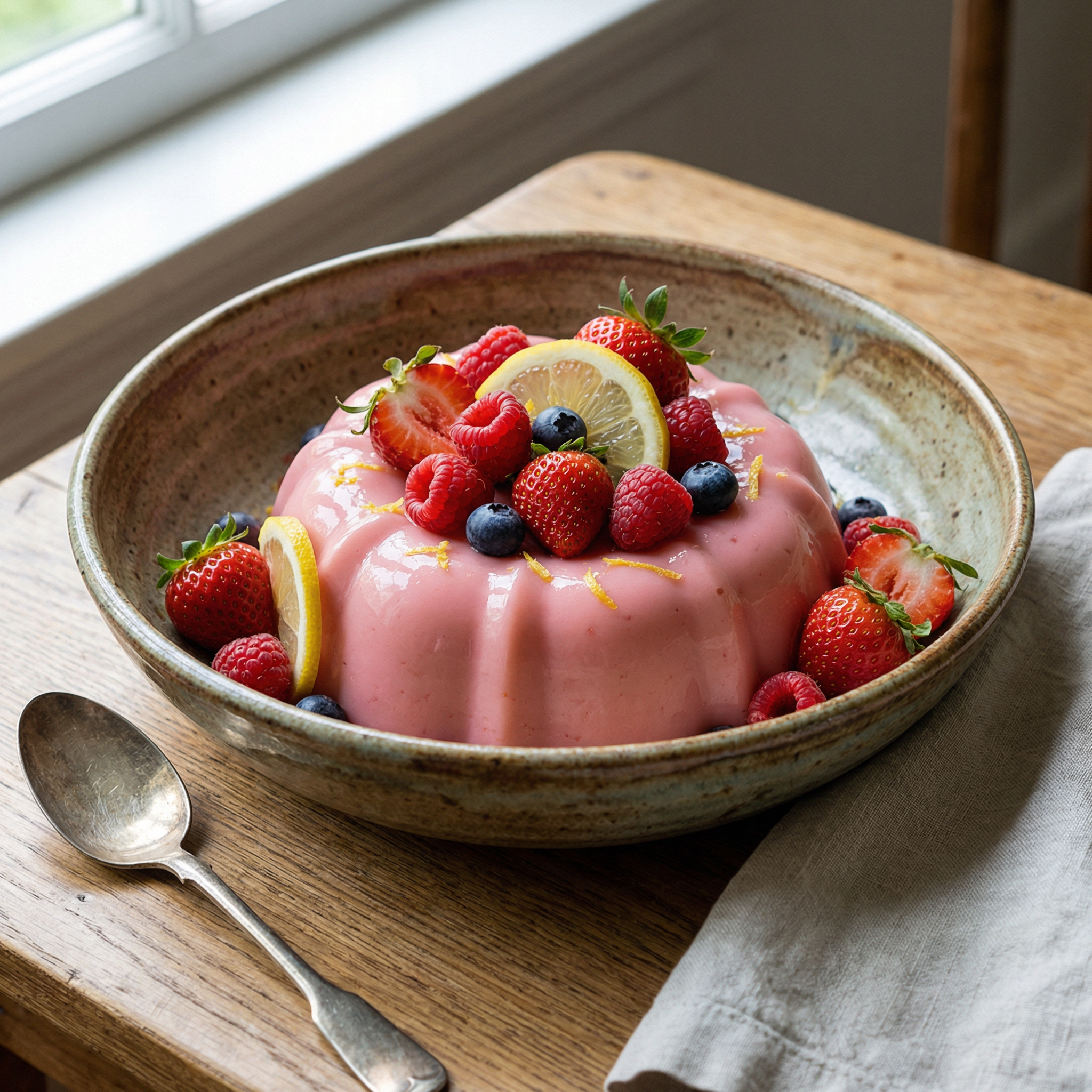 Pink gelatin in a ceramic bowl with fresh berries and lemon